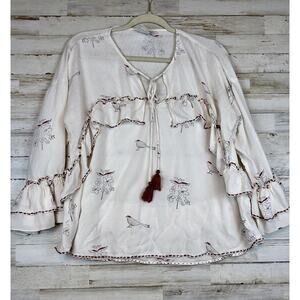 IVY JANE Womens S Beige Flowy Ruffled Top Blouse Boho Sheer Oversized